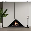 Modern Fireplace Featuring Burning Fire Large Green Plant And Fire Tools Against White Wall