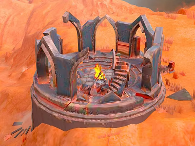 Desert Landscape With Circular Stone Ruins Flames Arched Structures Sandy Ground And Distant Water 3d model