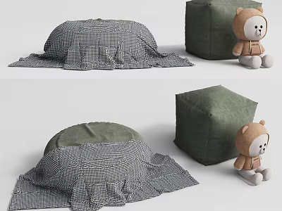 Green Square Ottoman and Checkered Fabric Pouf with Teddy Bear Decoration 3d model