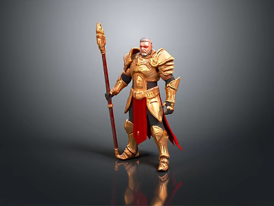Man In Golden Armor With Red Cape Holding Long Staff 3d model