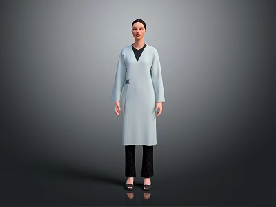 Woman Wearing Light Blue Long Coat With Black Inner Top Pants Standing Against Grey Background 3d model