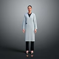 Woman Wearing Light Blue Long Coat With Black Inner Top Pants Standing Against Grey Background