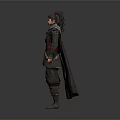 Man in Traditional Ancient Dark Armor With Red Decorative Belt Weapon at Waist Wearing Helmet