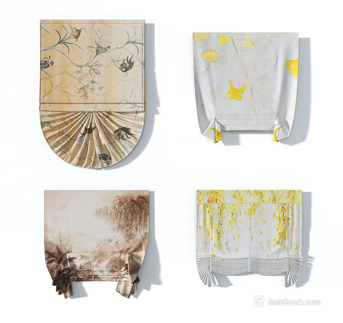 Beautiful Roman Shades With Butterfly Plant Ginkgo Leaf Landscape And Yellow Patterns 3d model 