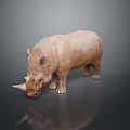 Detailed Brown Textured Rhinoceros Sculpture With Bowed Head On Black Reflective Surface
