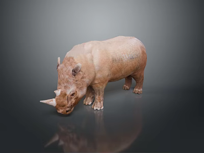 Detailed Brown Textured Rhinoceros Sculpture With Bowed Head On Black Reflective Surface 3d model