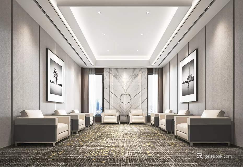 Elegant Modern Hotel Public Lounge Interior With Comfortable Sofas Decorative Paintings And Patterned Carpet 3d model