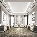 Elegant Modern Hotel Public Lounge Interior With Comfortable Sofas Decorative Paintings And Patterned Carpet 3d model