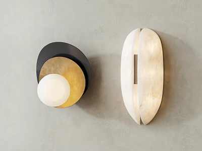 Two Modern Wall Lamps Black Gold Circular And White Stone Oval Design On Gray Wall 3d model