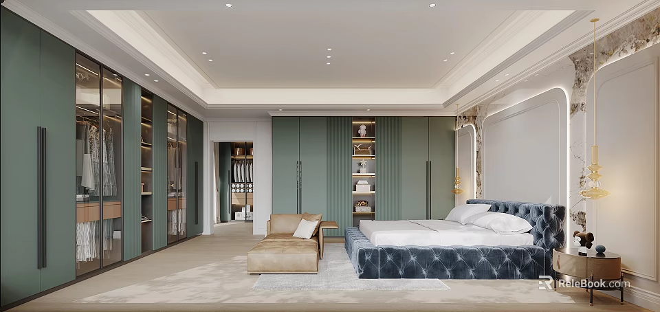 Elegant Modern Bedroom Interior With Dark Green Wardrobe Blue Upholstered Bed And Beige Sofa 3d model 