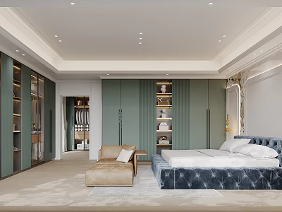 Elegant Modern Bedroom Interior With Dark Green Wardrobe Blue Upholstered Bed And Beige Sofa 3d model