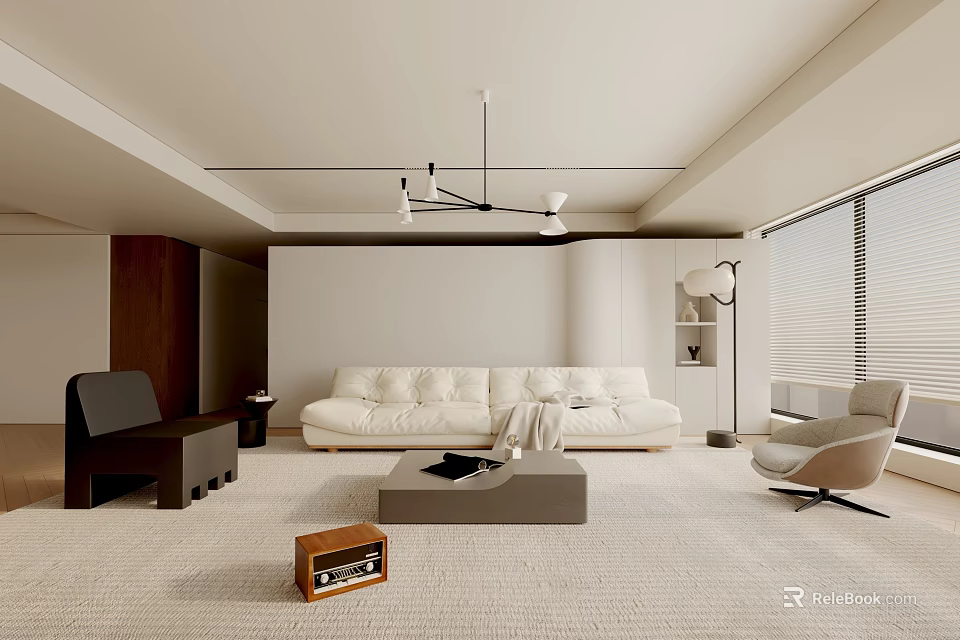Modern Living Room Interior With White Sofa Light Rug And Wooden Accents 3d model 
