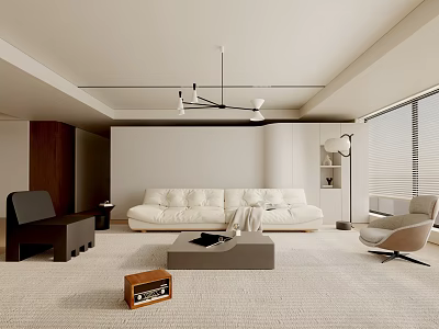 Modern Living Room Interior With White Sofa Light Rug And Wooden Accents 3d model