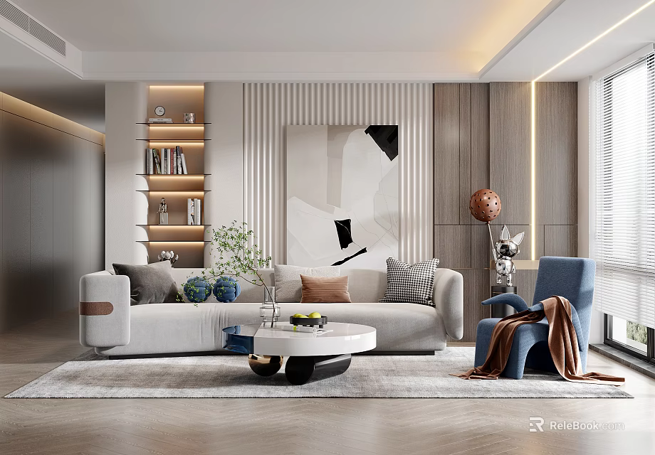 Modern Living Room Interior Design With Sofa Coffee Table Bookshelf And Decorative Art 3d model 