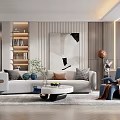 Modern Living Room Interior Design With Sofa Coffee Table Bookshelf And Decorative Art