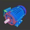 Blue Electric Motor With Rotating Shaft And Industrial Metal Frame Design