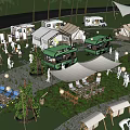 Scenic Campsite with RVs Tents Food Trucks and People Enjoying Outdoor Activities