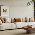 Light Beige Three-Seater Sofa with Cushions and Brown Coffee Table in Bright Modern Living Room