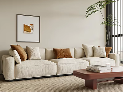 Light Beige Three-Seater Sofa with Cushions and Brown Coffee Table in Bright Modern Living Room 3d model