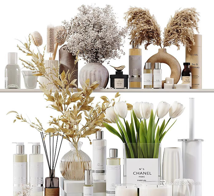 Stylish Decorative Accessories Set with Dried Flowers Green Plants Perfume Bottles Skincare Bottles and Vases 3d model 