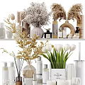 Stylish Decorative Accessories Set with Dried Flowers Green Plants Perfume Bottles Skincare Bottles and Vases