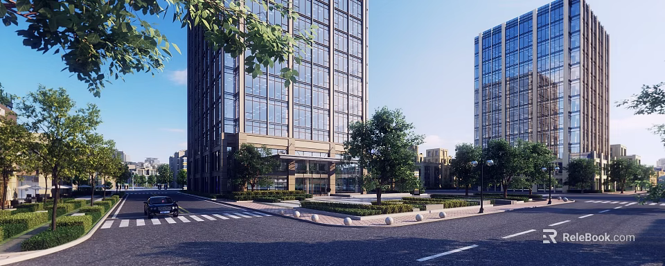 Modern Office Building Featuring Glass Curtain Walls Surrounded by Trees and Street 3d model 