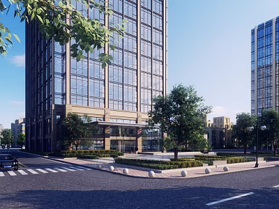Modern Office Building Featuring Glass Curtain Walls Surrounded by Trees and Street 3d model