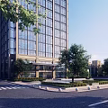 Modern Office Building Featuring Glass Curtain Walls Surrounded by Trees and Street