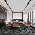 Modern Conference Room With Large Windows City View Long Table Brown Chairs 3d model