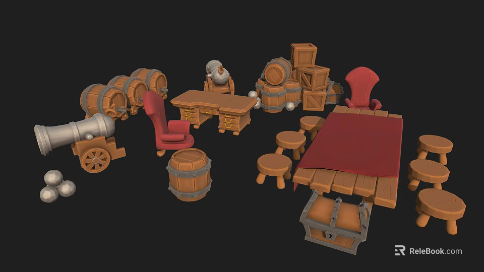 Rustic Medieval Scene Components With Wooden Barrels Table Chairs Stools And Treasure Chest 3d model 
