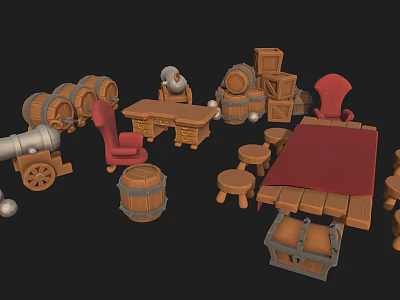 Rustic Medieval Scene Components With Wooden Barrels Table Chairs Stools And Treasure Chest 3d model