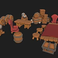 Rustic Medieval Scene Components With Wooden Barrels Table Chairs Stools And Treasure Chest