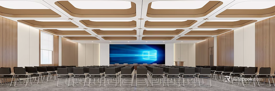 Modern Conference Room Featuring Ceiling Design Large Screen Blue Background White Square And Black Chairs 3d model 