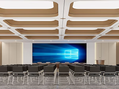 Modern Conference Room Featuring Ceiling Design Large Screen Blue Background White Square And Black Chairs 3d model