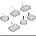 Multiple White Washbasins With Various Shapes Round And Square Designs And Faucets 3d model
