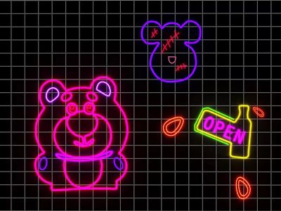 Colorful Neon Decorative Lights Featuring Bear Head Shapes And OPEN Sign On Black Grid Background 3d model