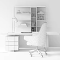Gray Upholstered Accent Chair In Modern Luxury Office With Wooden Desk And Brass Bookshelf