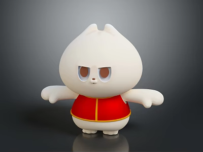 White Cartoon Cat Character With Red Vest Yellow Trim Brown Eyes Standing Against Gray Background 3d model