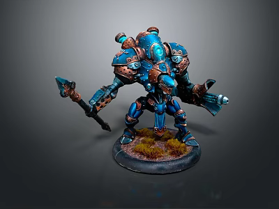 Smart Machine Blue Robot with Detailed Armor Holding Spear on Base with Weathered Grass Details 3d model