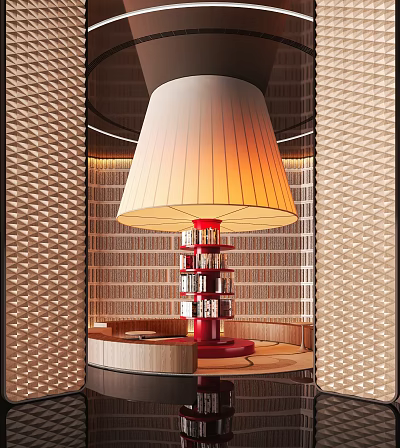 Hotel Lobby Interior Featuring Large Lampshade Red Bookshelf And Circular Seating 3d model