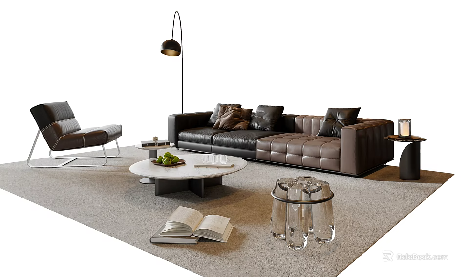 Modern Leather Sofa And Coffee Table Set With Accent Pillows Marble Top And Floor Lamp 3d model 