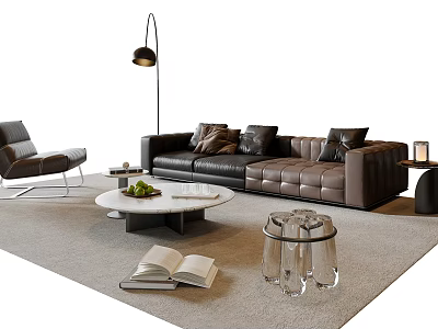 Modern Leather Sofa And Coffee Table Set With Accent Pillows Marble Top And Floor Lamp 3d model