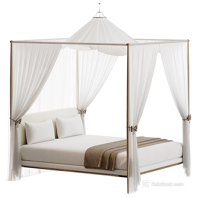 Elegant Double Bed With White Canopy Gold Frame White Pillows And Brown Blanket 3d model 