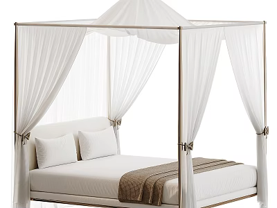 Elegant Double Bed With White Canopy Gold Frame White Pillows And Brown Blanket 3d model