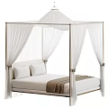 Elegant Double Bed With White Canopy Gold Frame White Pillows And Brown Blanket