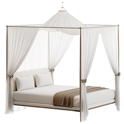 Elegant Double Bed With White Canopy Gold Frame White Pillows And Brown Blanket 3d model