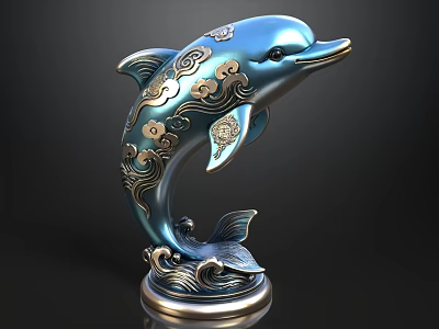 Blue Dolphin Sculpture With Golden Cloud Patterns And Wave Base Decorative Ornament 3d model