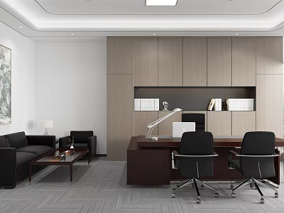 Modern Office Interior Design With Wooden Desk Two Office Chairs Sofa And Bookshelves 3d model