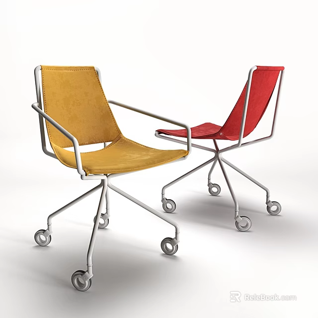 Two Modern Office Chairs With Yellow Red Seats And Metal Frames On Wheels 3d model 
