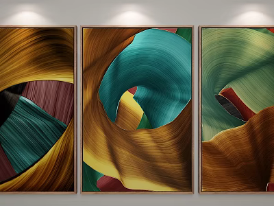 Three Panel Abstract Wall Art With Flowing Colorful Lines And Vibrant Hues 3d model